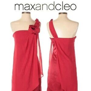Max & Cleo Crimson Red One Shoulder Dress Ruffle Bow Sheer Overlay Size 10